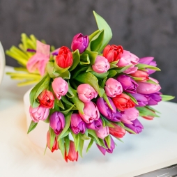 Buchet din lalele rosii, roz si mov cu panglica photo