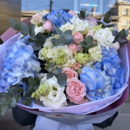 Buchet cu Hortensie Albastra, Trandafiri Roz si Eustome alt vedere product 4